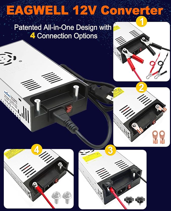EAGWELL New Version 110V AC to 12V DC Converter 600W Power Supply 50A, Universal SMPS Transformer for RV, Pump, LED Strip, CCTV, Car Stereo,Diesel Heater
