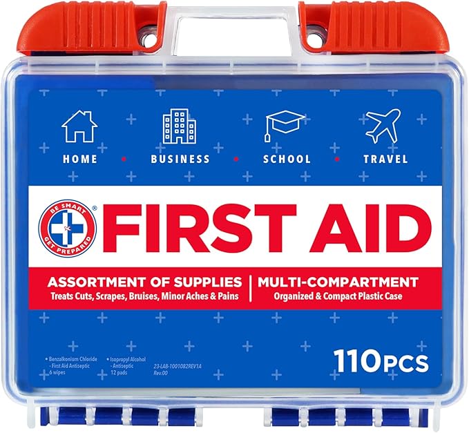 Be Smart Get Prepared 110 pc First Aid Kit (4 Pack): Clean, Treat, Protect Minor Cuts, Home, Office, Car, School, Business, Travel, Emergency, Outdoor, Camping & Sports (Packaging May Vary)