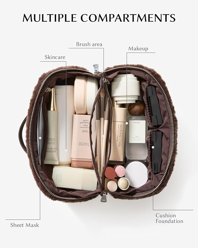 EACHY Travel Makeup Bag, Large Capacity Cosmetic Bag for Women, Waterproof PU Leather, Flat Open Portable Toiletry Bag for Skincare, Brushes & Travel Essentials
