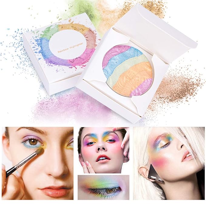 FantasyDay Pro 6 Colors 3D Baked Rainbow Highlighter Eyeshadow Makeup Palette Xmas Cosmetic Blusher Shimmer Powder Contouring Kit Unicorn Blush