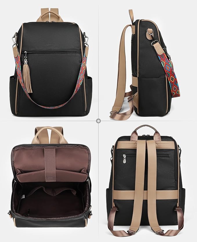 FADEON Leather Laptop Backpack for Women Designer 15.6 inch PU Laptop Bag, Ladies Travel Computer Work Backpack Black