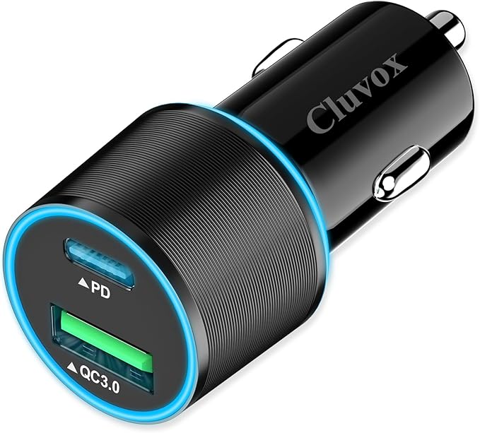 38W USB C Car Charger Adapter, 20W Fast USBC & 18W Rapid QC3.0 Ports, 12V Cigarette Lighter Adapter, Type C Auto Plug Outlet Accessories for iPhone 17 16 15 14, Google Samsung S26, Android Cell Phone