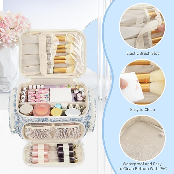 Makeup Bag with Multi-Pockets,Travel Cosmetic Bag with 2 Transparent Side Pockets for Easy Small Item Finding, Enlarged Internal Compartments, Large Capacity Waterproof Bottom Makeup Organizer -Floral
