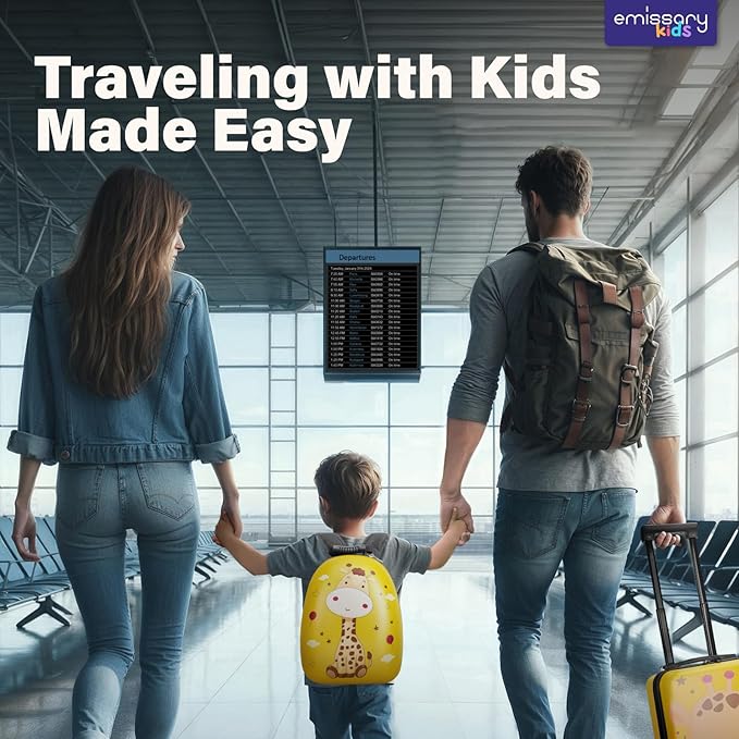 emissary Kids Luggage with Wheels, Hardside Toddler Carry On Suitcase Set, Lightweight Rolling Travel Bag for Boys and Girls, Airline Approved Travel Gifts - Yellow Giraffe
