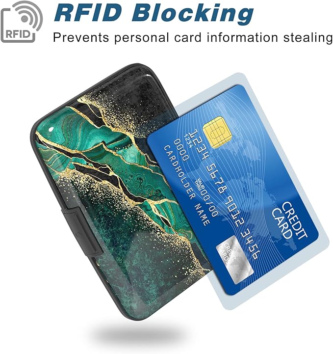 Credit Card Holder, Mini Aluminum Card Wallet RFID Blocking Slim Metal Hard Card Case for Women Men, Green Black Marble