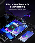 SUNDA 60W USB C Fast Car Charger, 4-Ports Car Charger Adapter, Dual Type C PD30W/PPS30W Compatible with iPhone17/16 Pro/Max/iPhone15/Galaxy/SamsungS25, Dual USB-A 18W QC3.0 for Android(Blue)