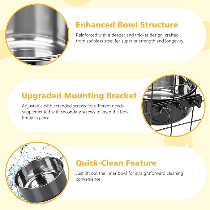 Large Dog Crate Water Bowl No Spill 2 Pack, Stainless Steel Dog Bowls for Food and Water, Pet Kennel Hanging Dogs Food Bowls for Medium/Large Dogs and Cats (7.1"x3.7" & 7.1"*2.6", Black)