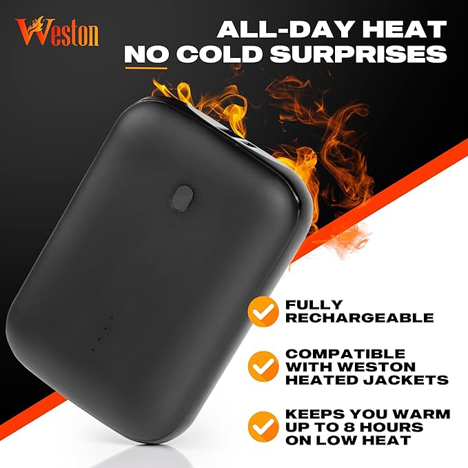 Weston 7.4V Rechargeable Battery Pack - 5000 mAh Replacement Power Source for Heated Jackets, Vests, and Clothing - USB & DC Output - Compatible Heated Gear