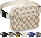 Capolo Fanny Packs for Women Fashion Waist Packs Bag with Adjustable Strap and 4 Zipper Pockets Waterproof Everywhere Crossbody Belt Bag for Workout Running Travelling(Khaki Checkered, Large)