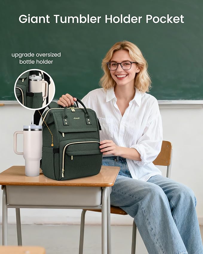 LOVEVOOK Laptop Backpack for Women with Giant Tumbler Holder Pocket,18 inch Waterproof Travel Backpack Purse Computer Laptop Bag,Professional Work College Nurse Teacher Backpack Daypack,Dark Green