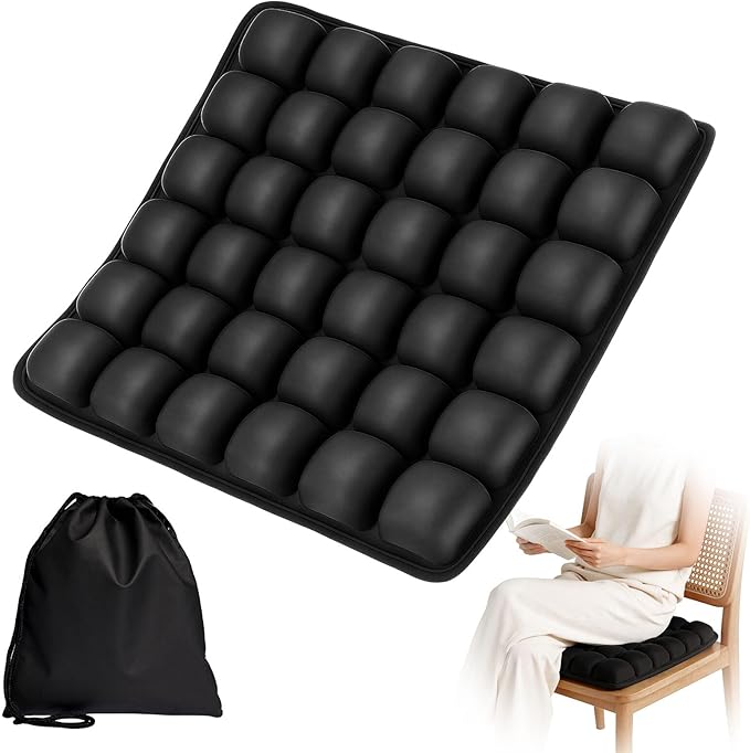 Seat Cushion, Office Chair Cushion with Storage Bag, Travel Seat Cushion for Airplane, Press Type Air Inflatable Airplane Seat Cushions for Plane, Car, Office (Single-Sided Black, Square)