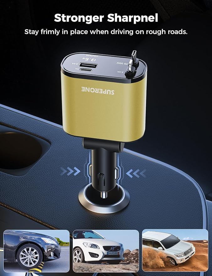【Upgraded】 SUPERONE Retractable Car Charger 4 in 1, Fast Car Phone Charger with Cord 2.6ft, USB C and Apple Car Charger Adapter, Compatible with iPhone 17/16/15/15 Pro Max/14/13/12/11, Galaxy, Pixel