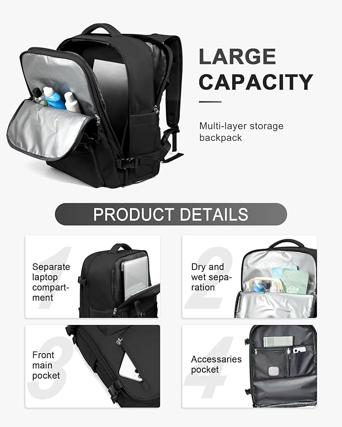WONHOX Travel Backpack Women,Carry On Backpack Flight Approved 18x14x8 inches Bag Spirit Airlines Personal ltem,College Sports Hiking Rucksack Waterproof Casual Daypack Laptop Blackpack Men,Black