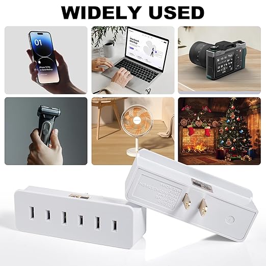 UL Listed 2 Prong 3-Outlet Wall Tap, 2 Prong Triple Outlet Converter Plug Extender, Multi-Plug Outlet Adapter, Polarized White, for Living Rooms, Kitchens, Offices and More. (2 Pack)