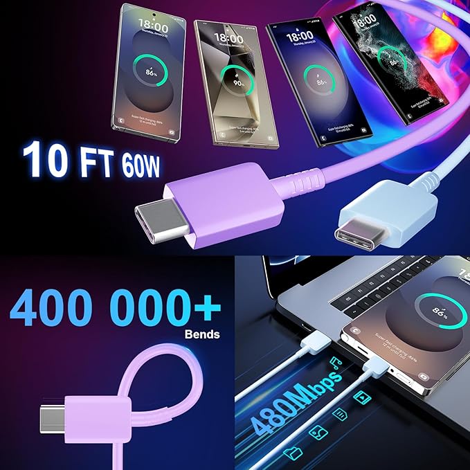 USB C Android Charger Fast Charging Cord, Super Fast Phone Chargers 6.6FT C to C Type Cable with 25W USBC Wall Block for Samsung Galaxy S26 S25 S24 Ultra Plus/S23/S22/S21/S20/Note 20/10, Purple+Blue