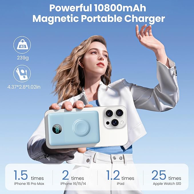 6 in 1 Magnetic Portable Charger for iPhone with Built-in Cables, 10800mAh 25W PD Fast Charging Power Bank, 6 Outputs LCD Display Travel Essential Battery Pack for iPhone 17/16/15/14/13/12 (Sky Blue)