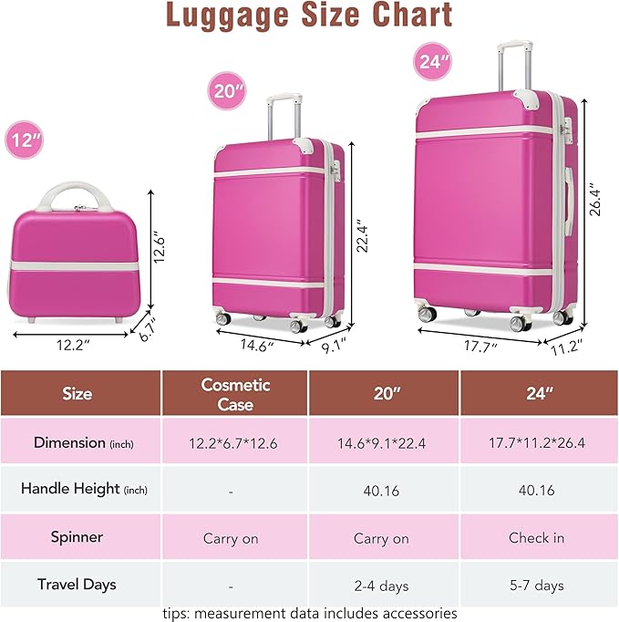 Luggage Sets, 2 Piece Carry on Luggage Set with Travel Bag, 2 Piece Expandable Spinner Hardshell Suitcase with TSA Lock, Back to School Suitcase, Women Men (Pink, 20/24 inch+Cosmetic Case)