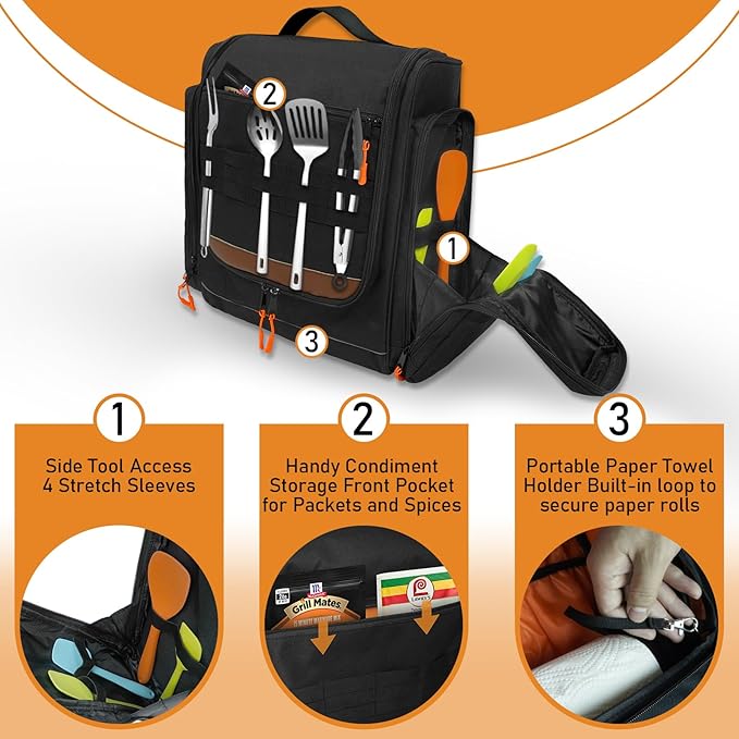 ORKELS Tactical Camping Kitchen Organizer Bag – Hanging Camp Cookware Storage with Paper Towel Holder, Portable Utensil Organizer for BBQ, Hiking, RV Cooking Essentials – Bag Only