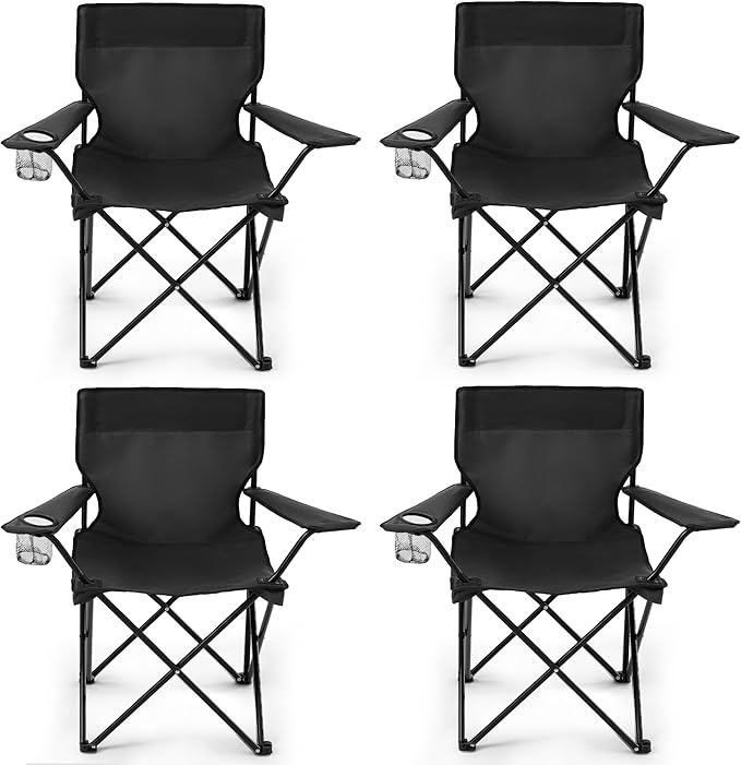 4 Pack Folding Camping Chairs for Adults,Foldable Portable Lawn Chairs with Carry Bag & Cup Holder, Compact Design for Camp,Beach, Picnics,and Fishing Supports 300LBS（Black）