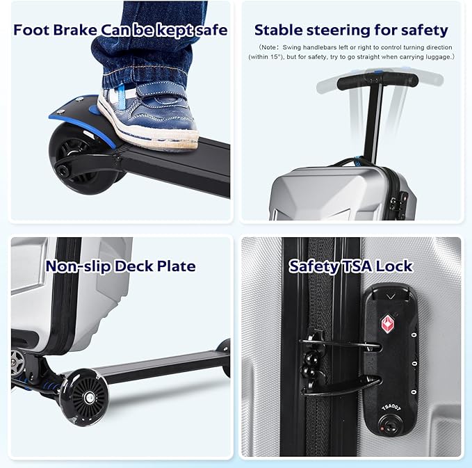 Scooter Suitcase for Kids & Adults，3-D Hardshell Ride On Scooter Luggage with Led Light Up Wheels，TSA Lock，Lightweight Foldable Carry On Rideable Suitcase for Children Teenagers (Silver, 21-inch)