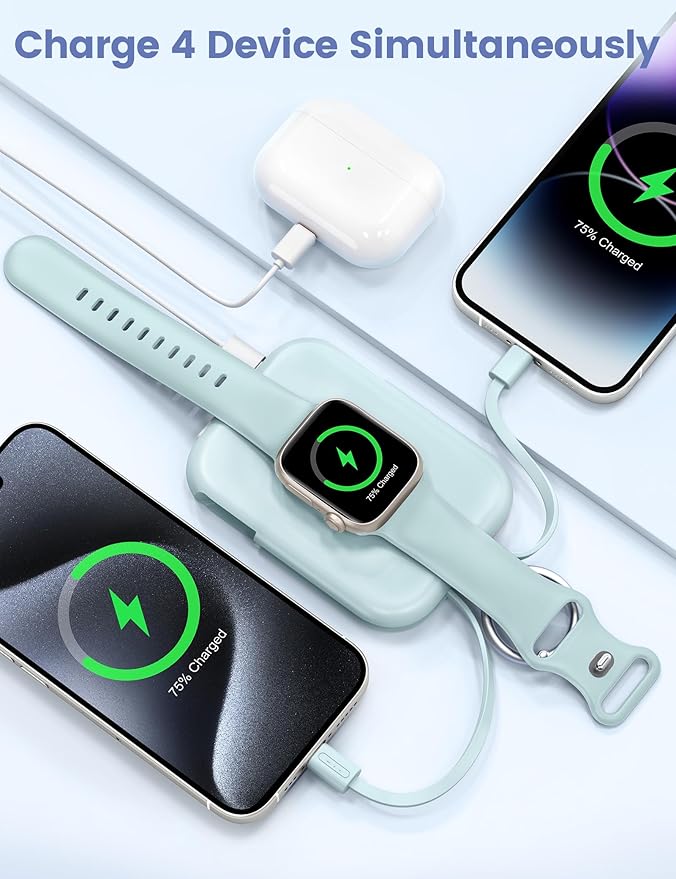 RORRY CharmGo Portable Charger, 5000mAh Portable Charger Power Bank with Built-in Cables, Travel Keychain Battery Pack for Apple Watch and iPhone Air/17/16/15/14/13/12, Blue