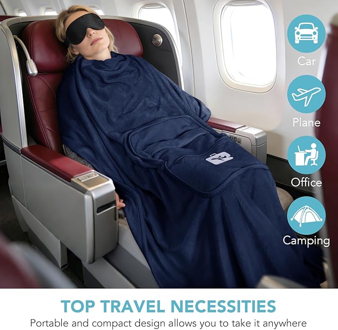 SINLAND Travel Pillow and Blanket 2-in-1 Set,Airplane Packable Bag,Soft and Lightweight Plane Flight Car Trips Travel Essentials Gift,Hand Luggage Sleeve and Backpack Clip,60x50 Inch NavyBlue