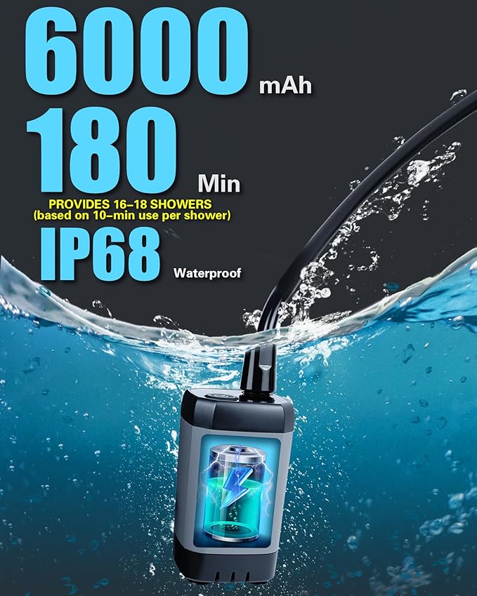 Beviliu Portable Shower for Camping, 6000mAh Rechargeable Camping Shower with Digital Power & Temperature Display, Portable Shower for Camping, Beach, Outdoor Travelling, Hiking, Pet Cleaning