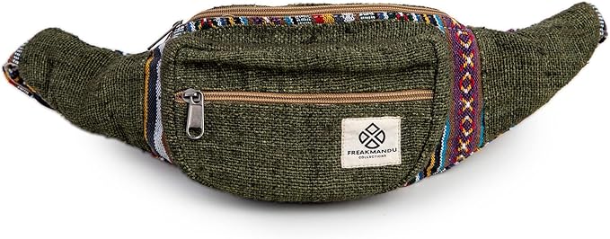 Freakmandu Eco-Friendly Green Boho Hippie Style Hemp Fanny Pack Cross Body Hip Waist Bag for Hiking Running Jogging (Safari)