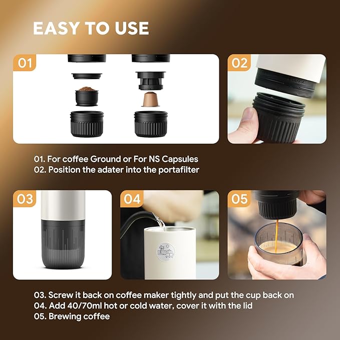 RECAFIMIL Portable Espresso Machine, Travel Coffee Maker for Camping, Car Coffee Maker Self-Heating with USB-C, 2 in 1 With Ground Coffee & NS Capsule for RV, Hiking, Office Gifts for Men(White)
