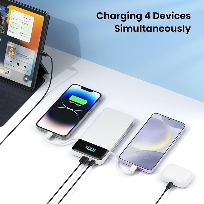 Portable Charger for iPhone with Built-in Cables and Wall Plug,Upgraded 13800mAh Fast Charging USB C Power Bank,4 Outputs Slim Travel Essential Battery Pack for iPhone 17/16/15/14/13,Galaxy,-White