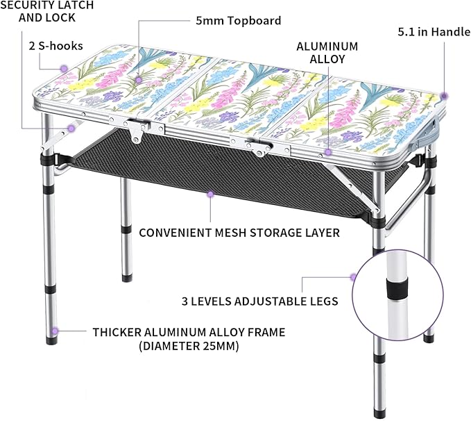 Yriuat Folding Camping Table 3ft Portable Pinic Table Adjustable Height Small Card Table Aluminum Foldable Lightweight with Carry Handle for Outdoor Indoor Hiking Camp BBQ Beach (Blooming Floral)