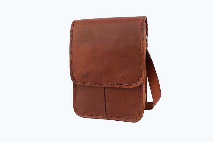 Genuine Vintage Leather Crossbody Messenger Bag, Slim Vertical Messenger Bag Fits 13 Inch Laptop, Unisex Shoulder Bag with Adjustable Straps and Brass Accessories, Brown