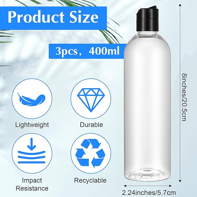 3 Pack 14 oz Clear Plastic Empty Bottles with Black Disc Top Caps Refillable Squeezable Trave Containers for Shampoo, Lotions, Creams