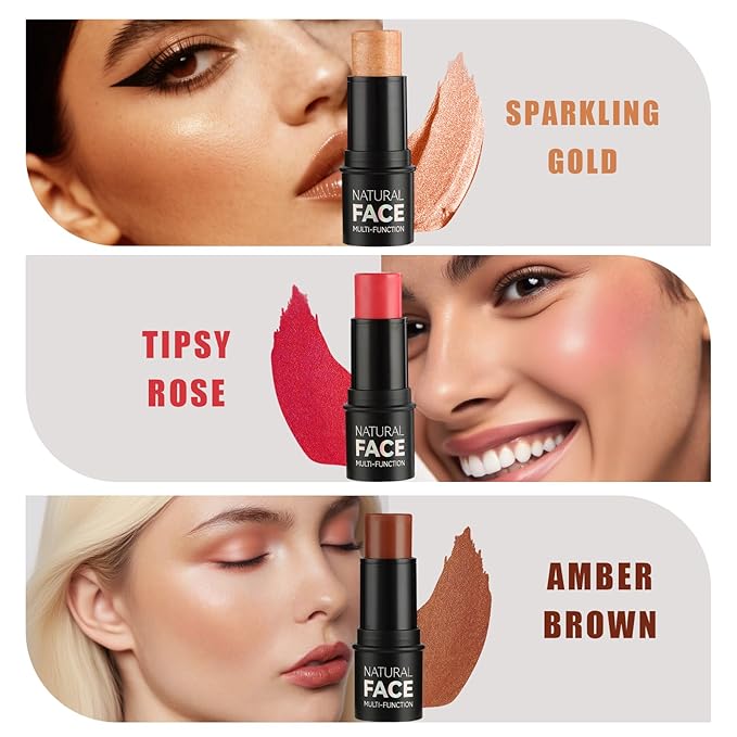Badhare 3-in-1 Face Blush Stick, Highlighter Brush | 3 Shades Set | Waterproof, Sweatproof, All-Day Wear | Buildable Cream Stick for Face, Eyes, Lips (Sparkling Gold, Tipsy Rose, Amber Brown)