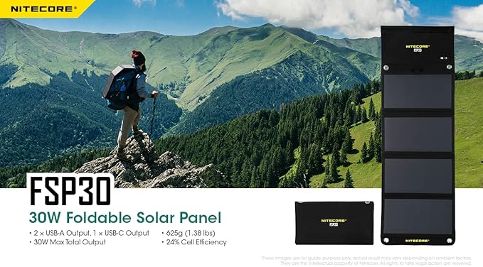 NITECORE FSP30 30W Portable Solar Charger, USB-A & USB 3 Output Ports, High Efficent 4 Foldable Panels for Camping Hiking Van RV Trip Compatible with Phones and Tablets with Nitecore Sticker
