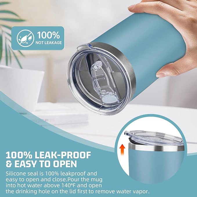 20 oz Tumbler with Lids and Straws, Stainless Steel Insulated Travel Coffee Mug, Double Wall Vacuum Insulated Tumblers, Powder Coated Coffee Tumbler for Cold & Hot Drinks (Azure Blue,4pack)