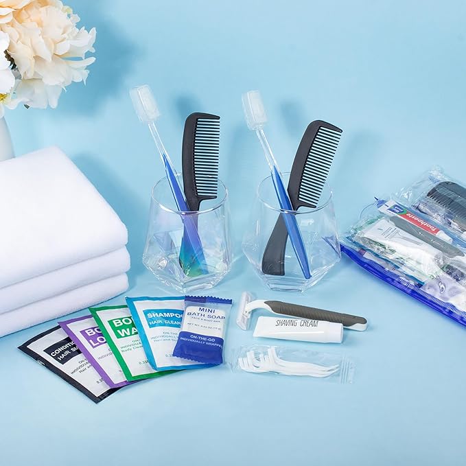 Personal Hygiene Kit Bulk Pack of 30,Individually Wrapped 13-IN-1 Blue Disposable Basic Travel Toiletry Set Homeless Care Package Supplies for Men,Women,Guests,Charity