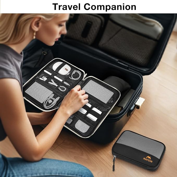 MATEIN Tech Organizer Travel Case 2 Pack for Couple, Water Resistant Charging Cord Organizer for Travel Accessories, Portable Electronics Bag for Purse, Cable, Phone & Slim Mouse, Gifts for Work