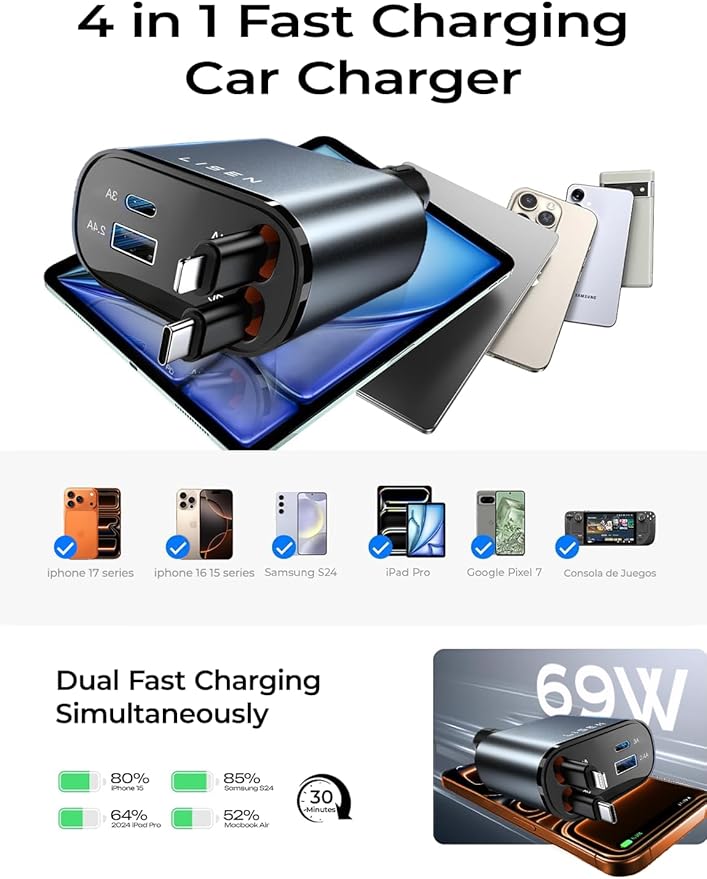 LISEN Retractable Car Charger, [2026 Upgrade 50 inch ] Long 4 in 1 Retractable Cable Car Charger, USB C Car Charger Fast Charging for iPhone 17 16 15 14 13 12 11 X Pro Max Plus Mini, Samsung S26 S25