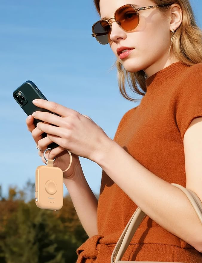 RORRY CharmGo Portable Charger, 5000mAh Portable Charger Power Bank with Built-in Cables, Travel Keychain Battery Pack for Apple Watch and iPhone Air/17/16/15/14/13/12, Honey Beige