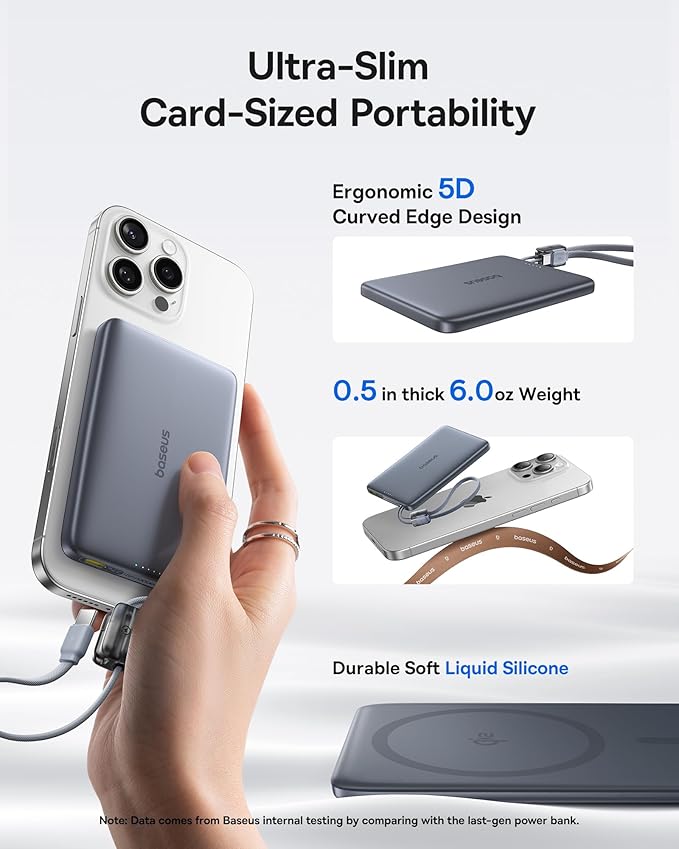 Baseus Picogo Qi2 15W Magsafe Portable Charger, 0.5" Ultra Slim 10000mAh Wireless Power Bank with 27W Built-in USB-C Cable, Magnetic Battery Pack for iPhone 17 Pro Max/17 Pro/Air/16/15/14/13/12