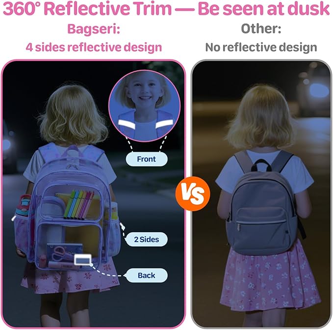 Bagseri Clear Backpack for Girls - 15 Inch Heavy Duty Kids Clear Bookbag for Kindergarten to Grade 2, Transparent School Bag with Reflective Strip, Fits Folders, Purple Tie-dye