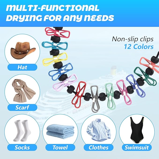 Magnetic Clothesline for Cruise Ship, Travel Clothesline with 12 Clothespins for Cruise Ship Essentials, Clothes Drying Rack with Strong Magnets Hooks and Storage Bag for Cruise Ship Cabin Outdoor
