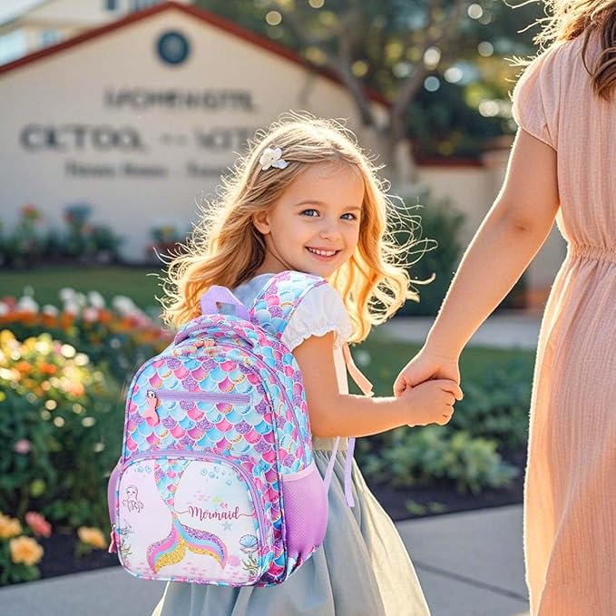 RHCPFOVR Kids Backpack for Girls - Girls Backpack 3-8 Ages Mermaid for Kids 15 Inch School Bookbag for Kindergarten Elementary School Bookbag for Girl 1st 2nd Grade