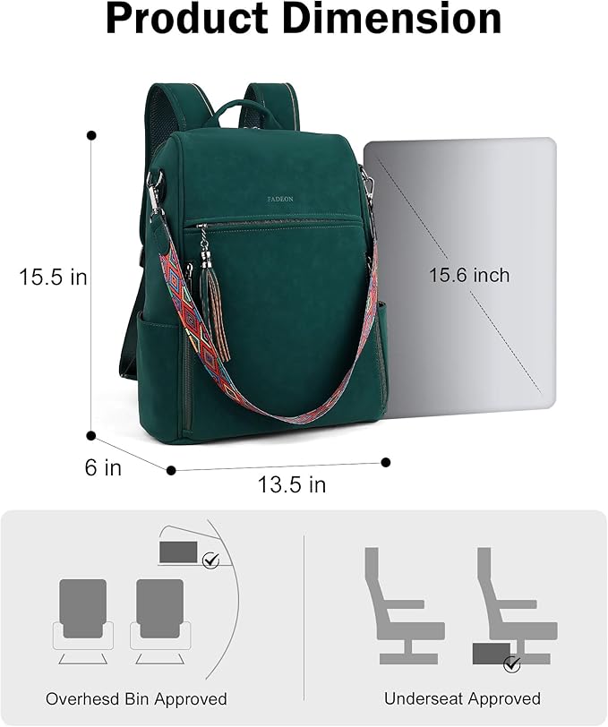 FADEON Leather Laptop Backpack for Women Designer 15.6 inch PU Laptop Bag, Ladies Travel Computer Work Backpack Green