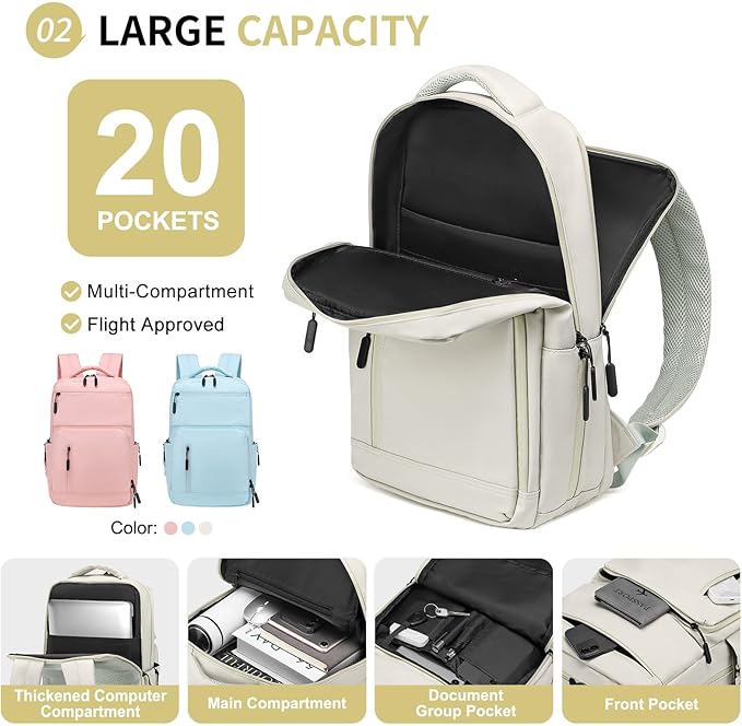 Waterproof Laptop Backpack for Men & Women, Flight Approved Anti-Theft Daypack with 15.6-inch Laptop Sleeve (Beige)