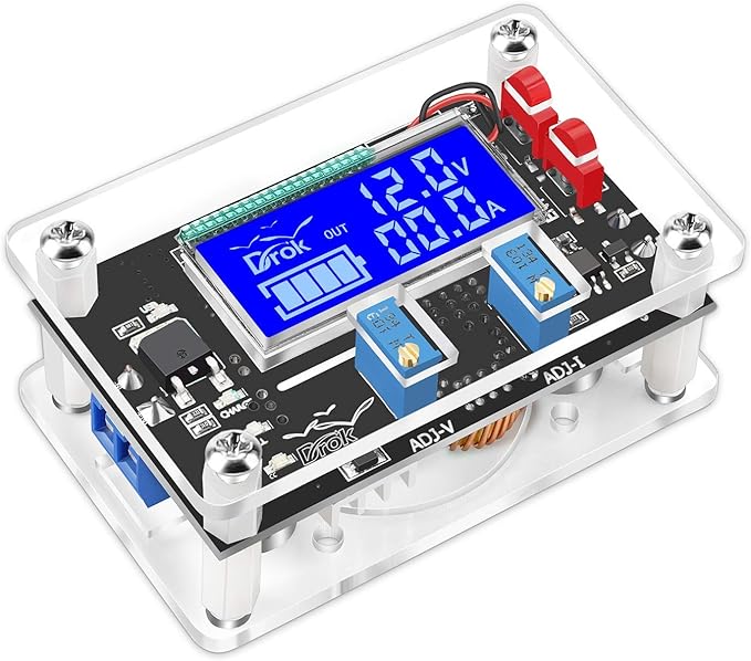 DROK Buck Boost Voltage Regulator, DROK DC 6-30V to DC 0.5-30V 5V 12V 24V Adjustable Voltage Converter, 4A 60W Power Supply Step Up Down Transformer Board Module with USB Port Case LCD Display Volt Am