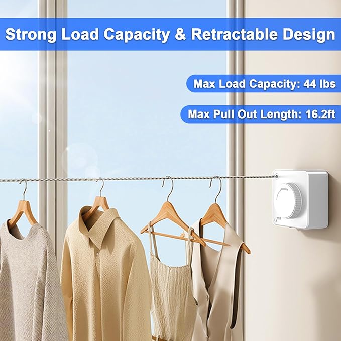 2 Pack Retractable Clothesline Indoor & Outdoor, 16.2 Ft Non-Sagging Stainless Steel Laundry Washing Line with Wall Mounted Heavy Duty Design, Space-Saving Clothing Drying Rack (White)