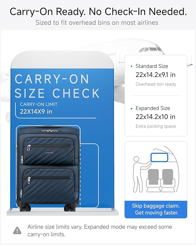 LUGGEX Carry On Luggage with Wheels, Expandable Soft Sided Rolling Suitcase with 8 Spinner Wheels & Aluminum Handle, Lightweight Travel Bag for Business Weekend Trip (UX-Core, Blue,20 Inch)