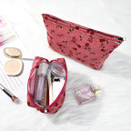 SOIDRAM 2 Pieces Rose Makeup Bag Large Cosmetic Bag Capacity Canvas Mix Travel Toiletry Bag Organizer Cute Makeup Brushes Aesthetic Accessories Storage Bag for Women, Rose Mix Green Red